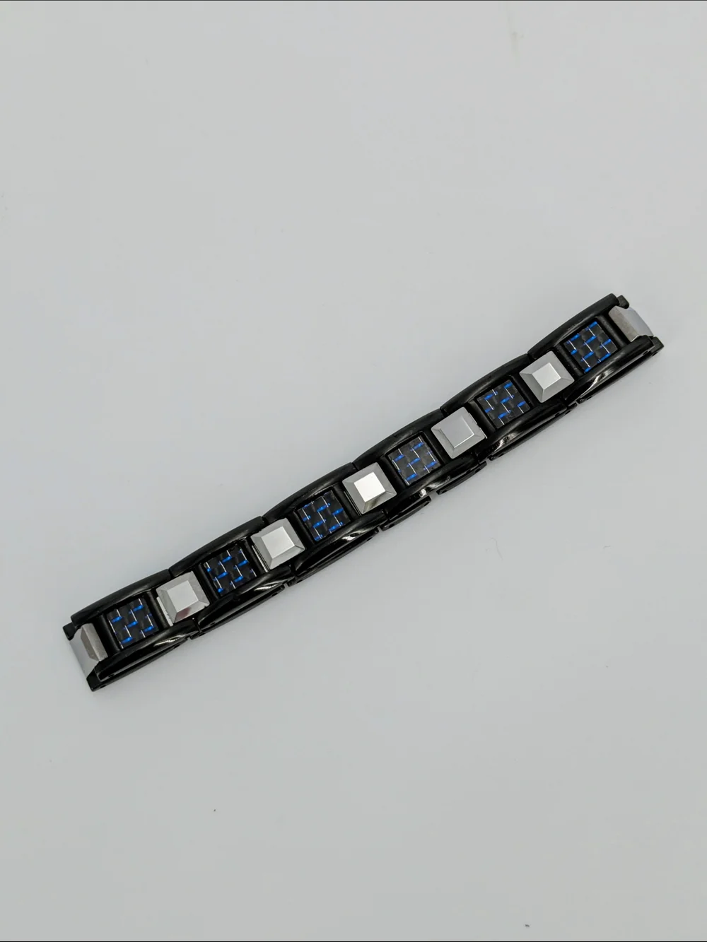 Men's Blue & Black Carbon Fiber Link Chain Bracelet, Tungsten 9